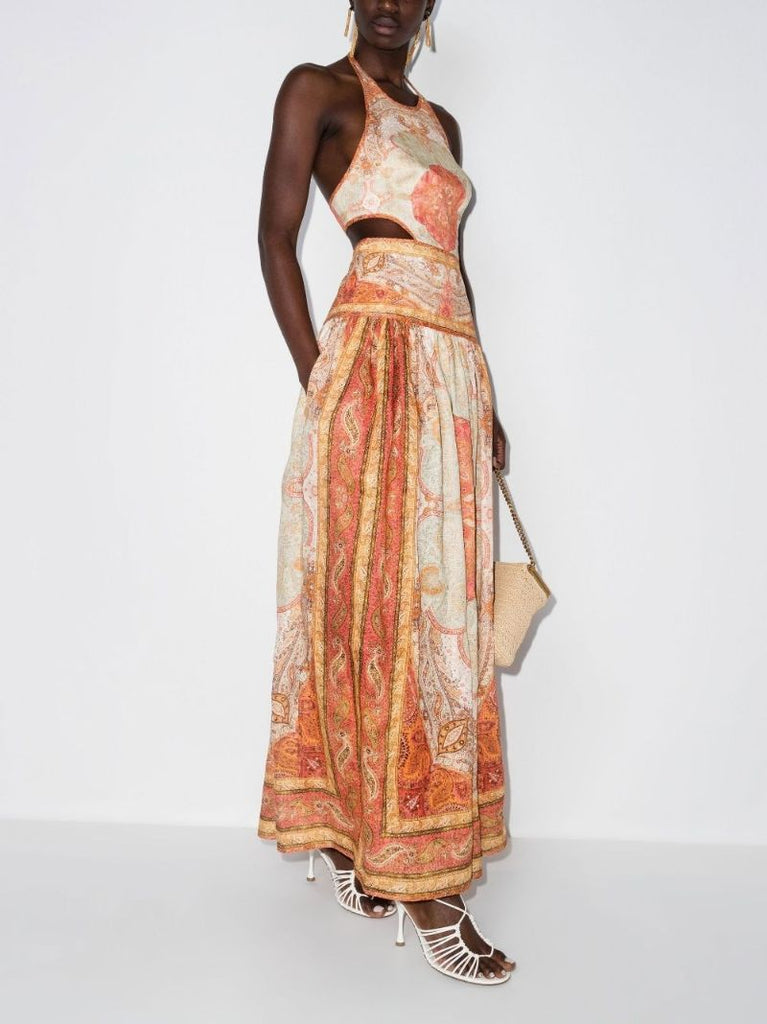 Orange Halterneck Paisley Maxi Dress