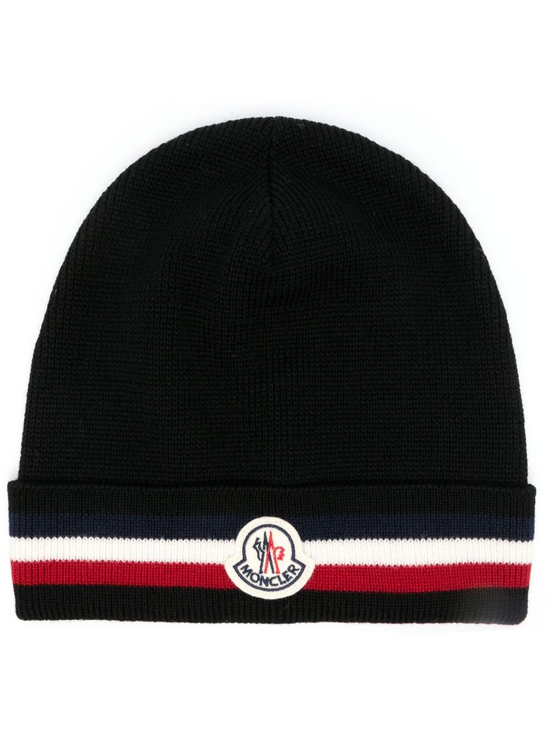 Black Stripe Detail Logo Patch Wool Beanie Hat