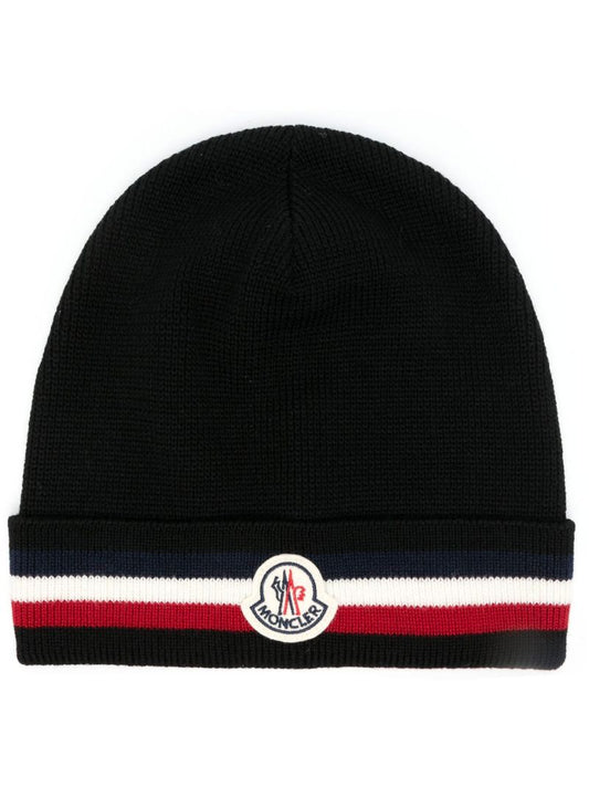 Black Stripe Detail Logo Patch Wool Beanie Hat