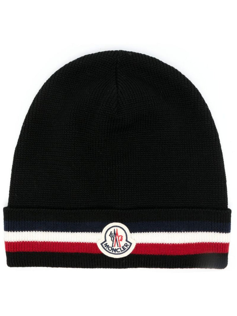 Black Stripe Detail Logo Patch Wool Beanie Hat