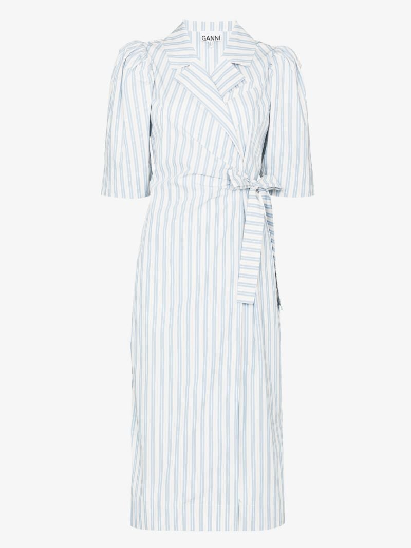 White Striped Wrap Organic Cotton Midi Dress