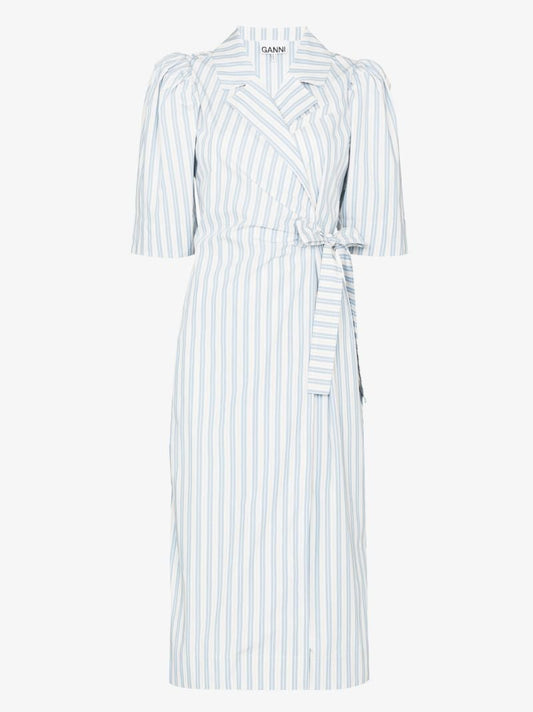 White Striped Wrap Organic Cotton Midi Dress