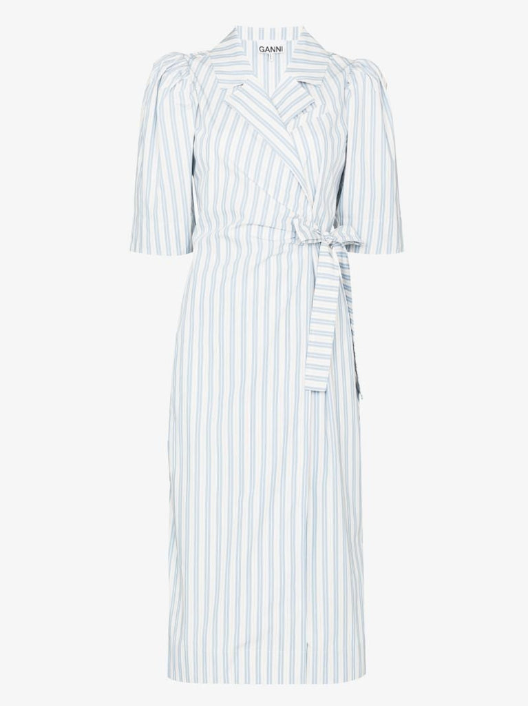 White Striped Wrap Organic Cotton Midi Dress