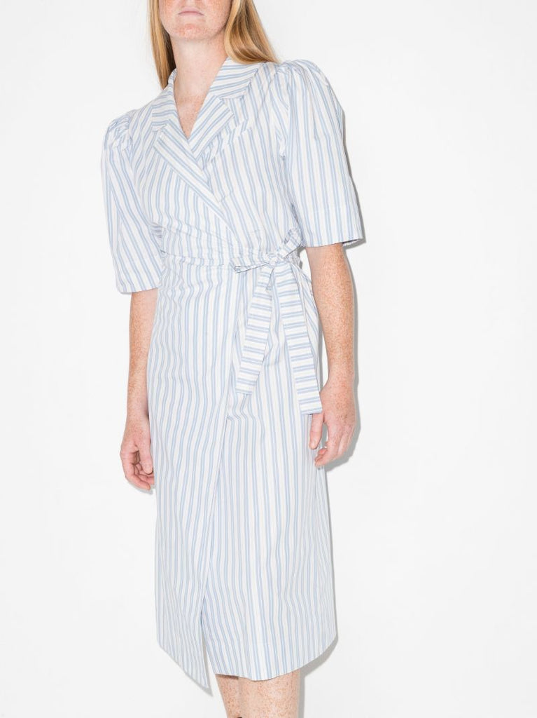 White Striped Wrap Organic Cotton Midi Dress