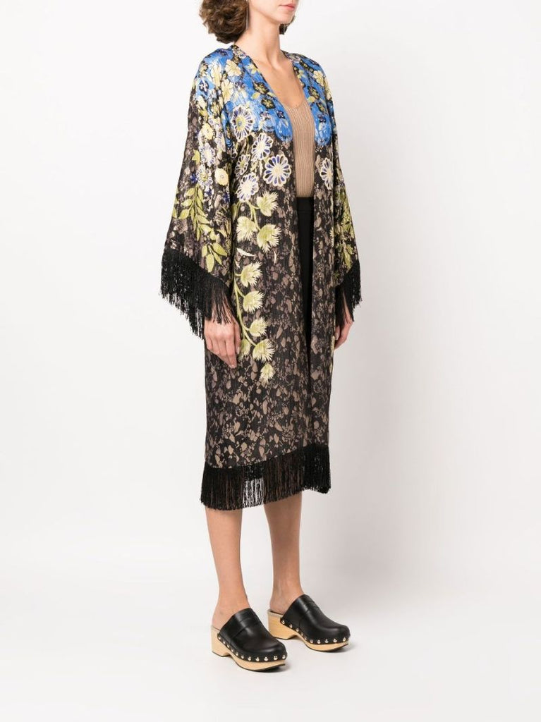 Black Fringed Floral Jacquard Cape