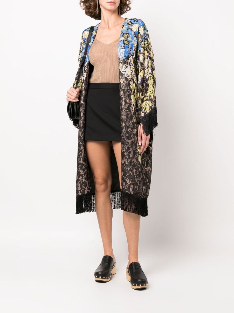 Black Fringed Floral Jacquard Cape