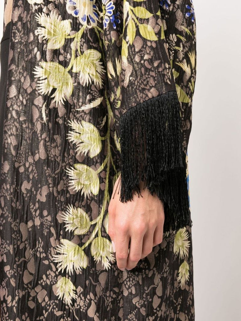 Black Fringed Floral Jacquard Cape