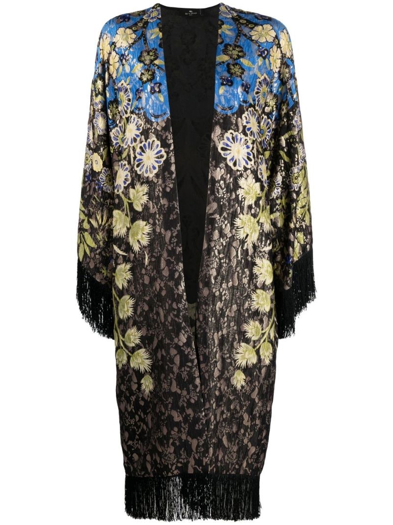 Black Fringed Floral Jacquard Cape