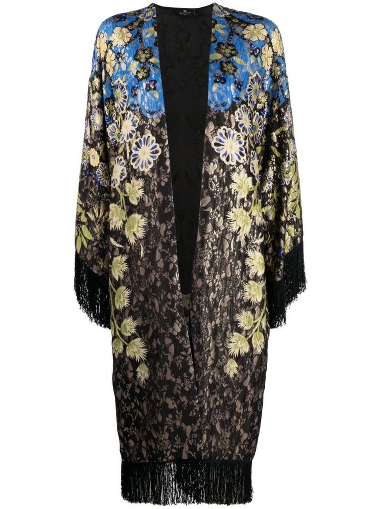 Black Fringed Floral Jacquard Cape