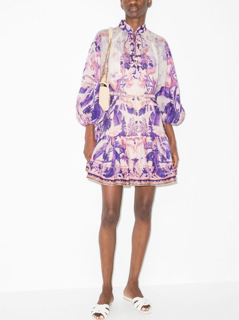 Lyre Billow Palm Print Mini Dress