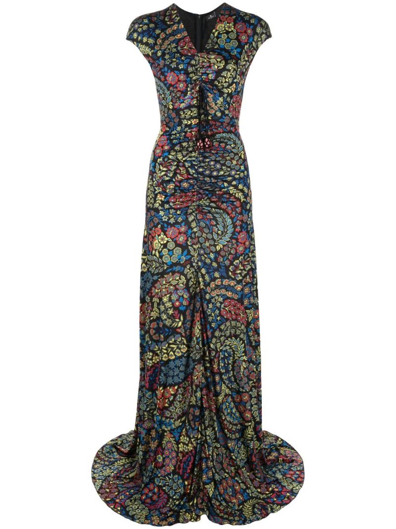 Black Ruched Floral Print Maxi Dress