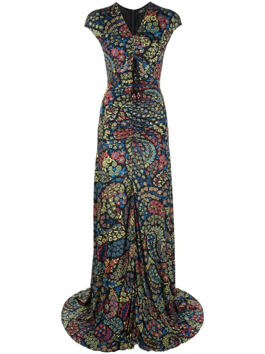 Black Ruched Floral Print Maxi Dress