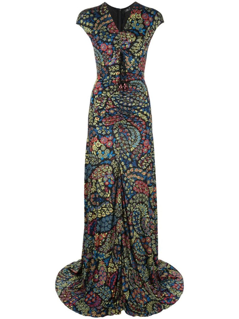 Black Ruched Floral Print Maxi Dress