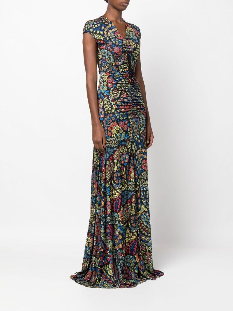 Black Ruched Floral Print Maxi Dress