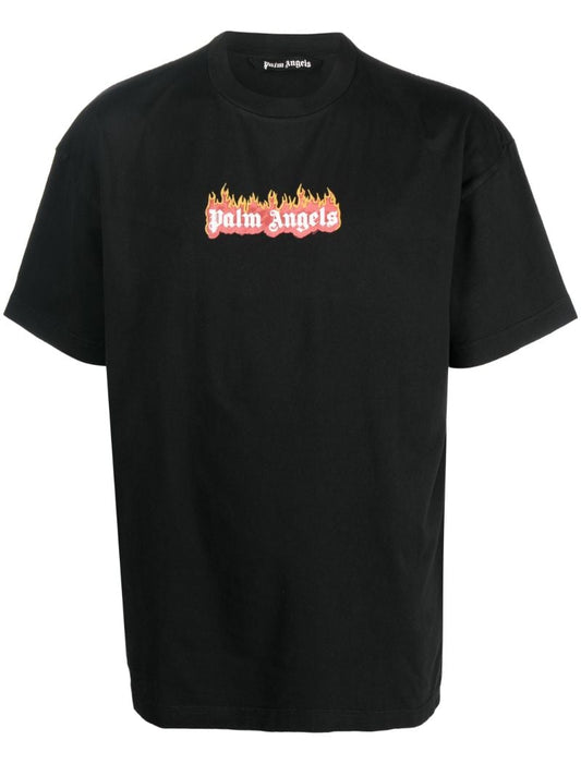 Black Garment-dyed Burning Logo Cotton T-shirt