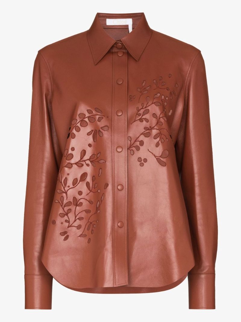 Brown Floral Cutout Leather Shirt