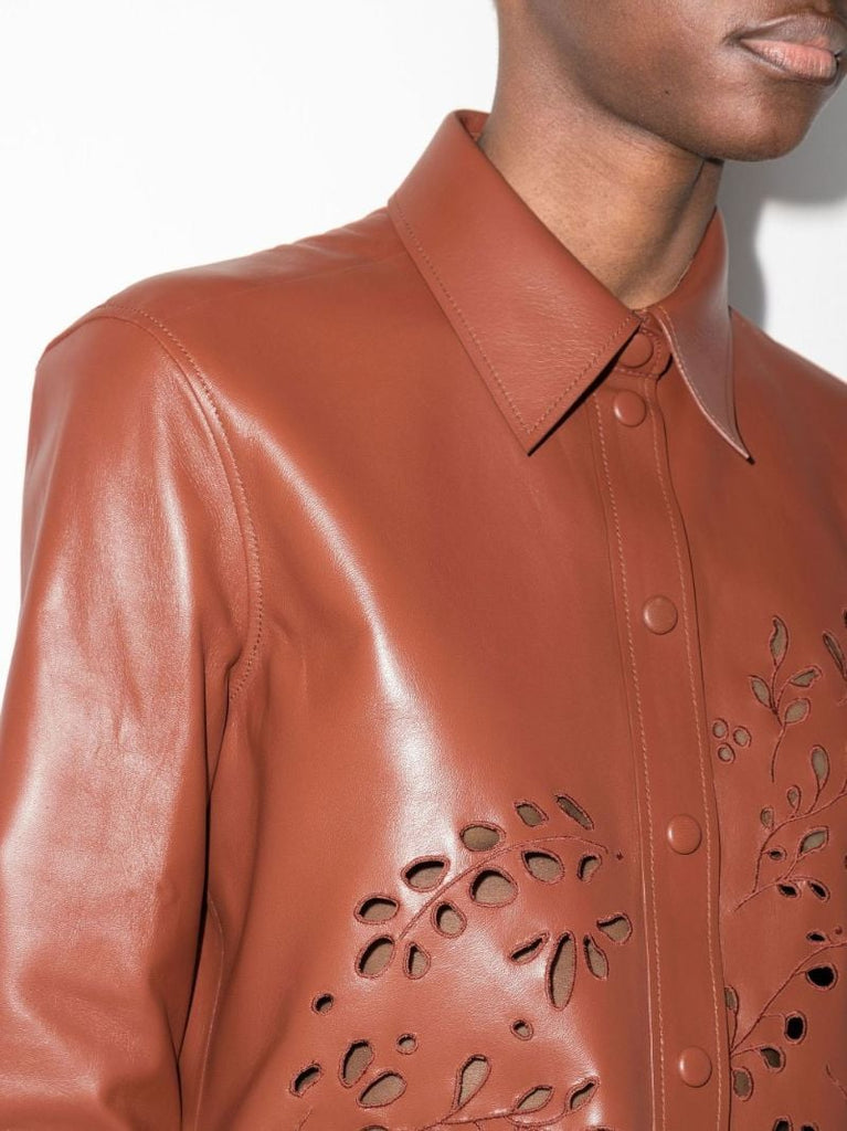 Brown Floral Cutout Leather Shirt