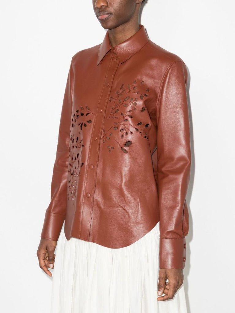 Brown Floral Cutout Leather Shirt