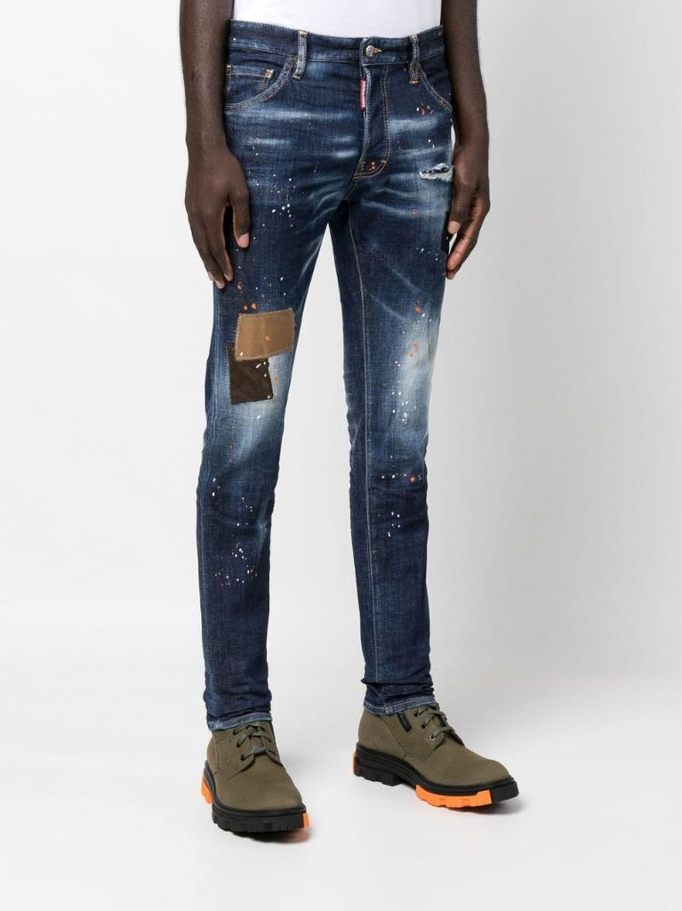 Blue Dark Knee Patch Distressed Jeans