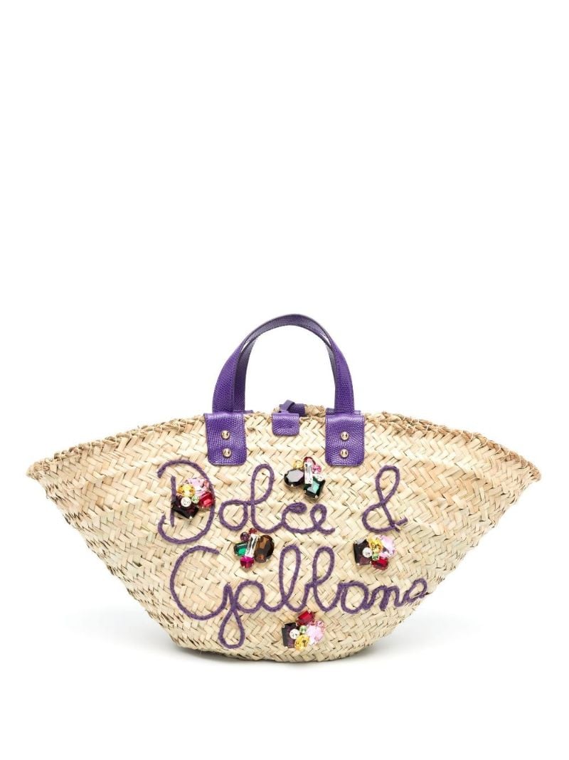 Neutral Kendra Embellished Straw Tote Bag