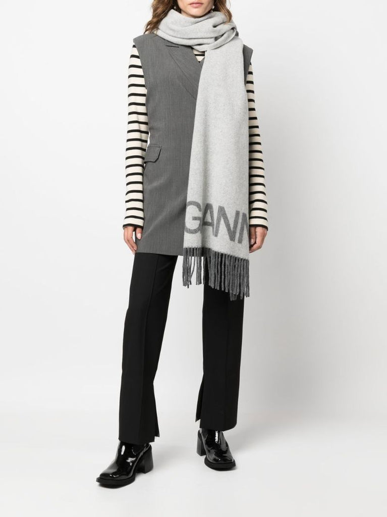 Grey Logo Jacquard Wool Scarf