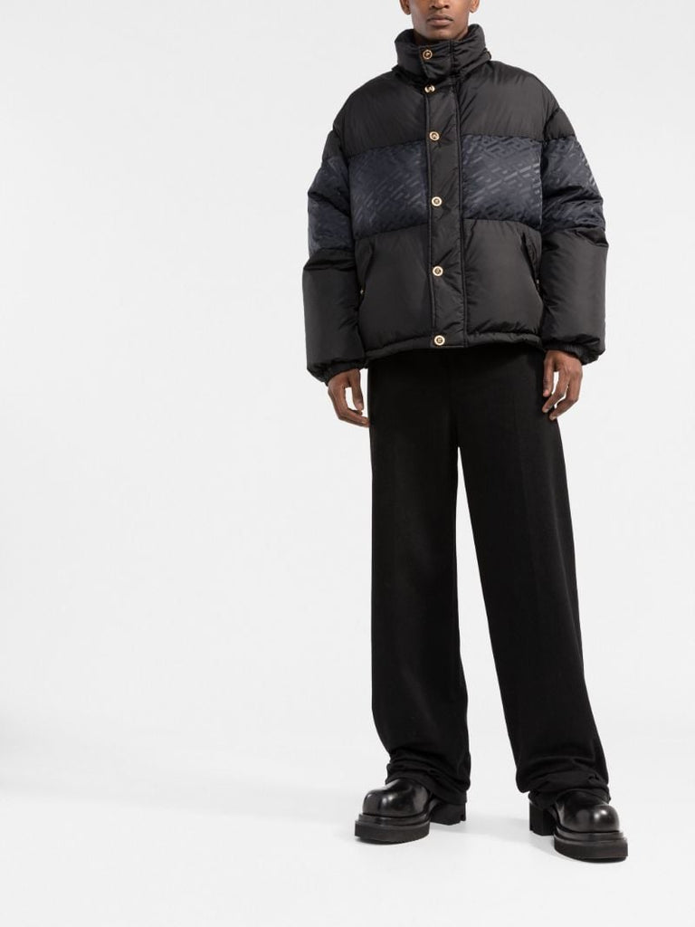 Black Greca Motif Panelled Puffer Jacket
