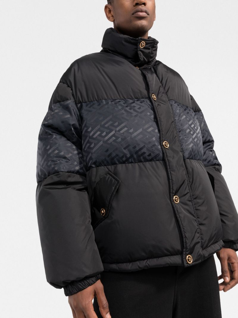 Black Greca Motif Panelled Puffer Jacket