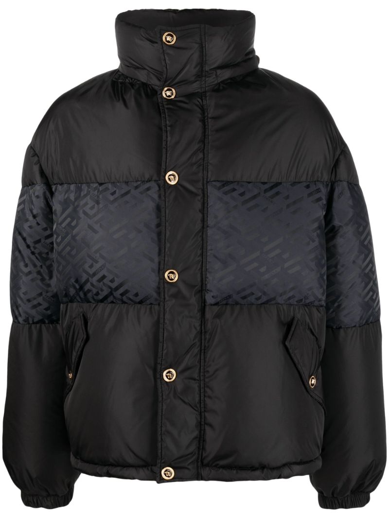 Black Greca Motif Panelled Puffer Jacket