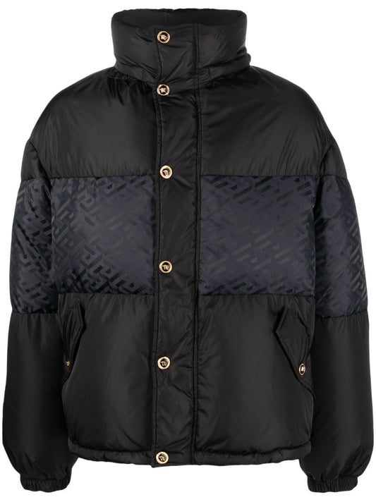 Black Greca Motif Panelled Puffer Jacket