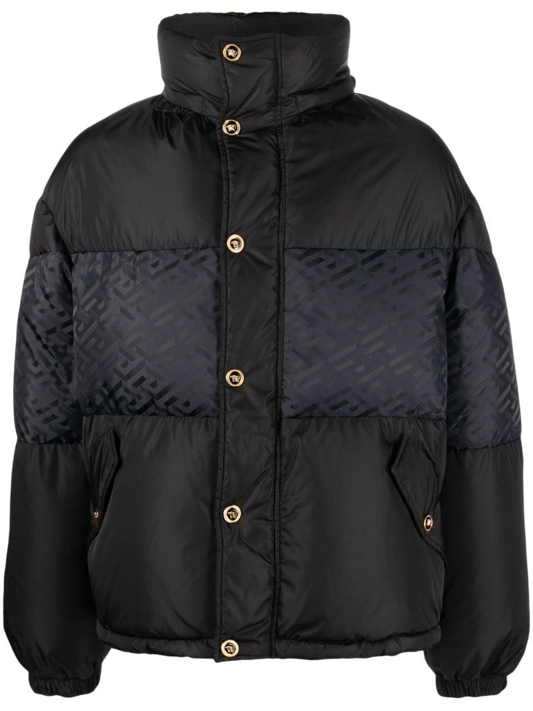 Black Greca Motif Panelled Puffer Jacket