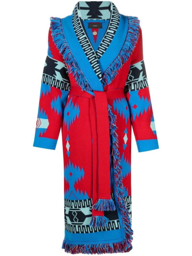 Blue Intarsia Knit Belted Wool Coat