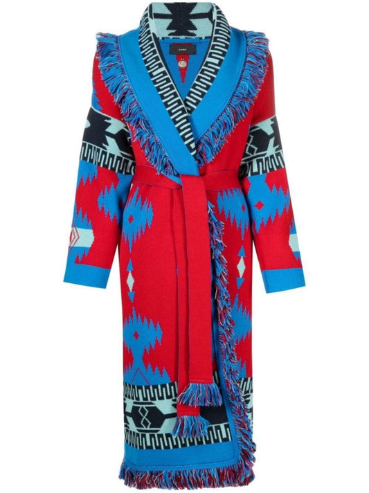 Blue Intarsia Knit Belted Wool Coat