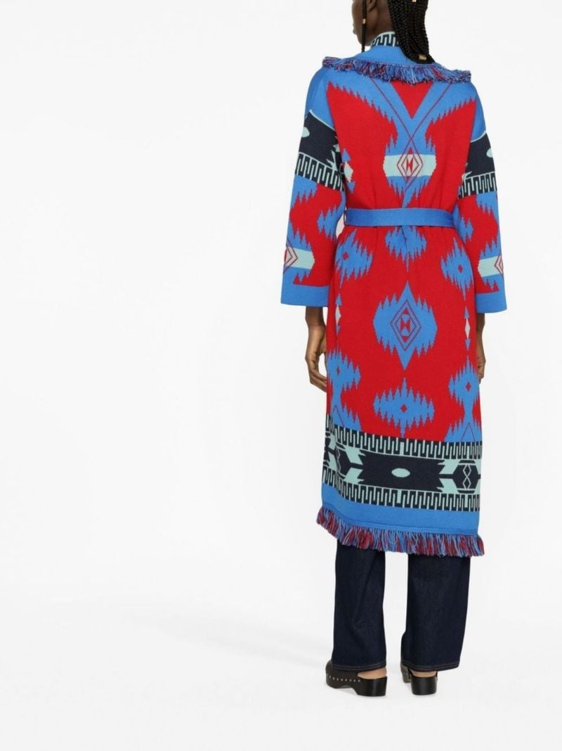 Blue Intarsia Knit Belted Wool Coat