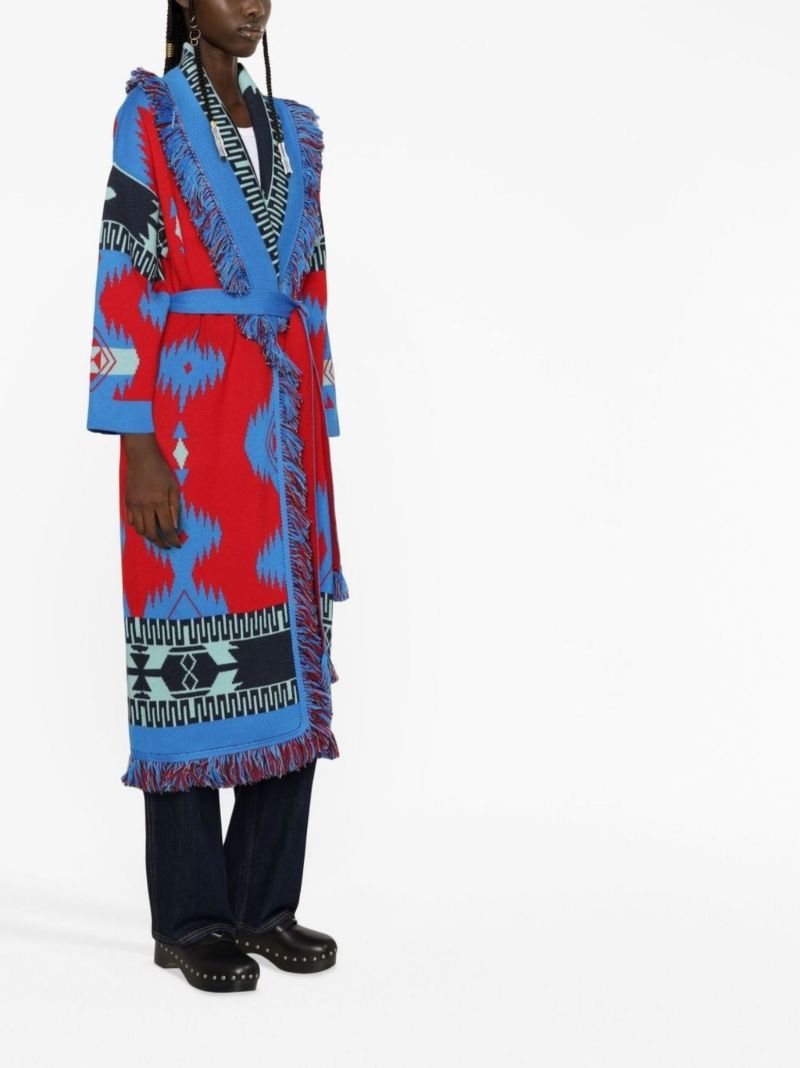Blue Intarsia Knit Belted Wool Coat