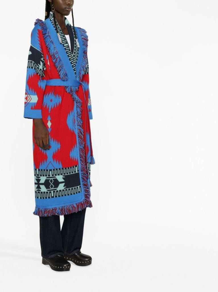 Blue Intarsia Knit Belted Wool Coat