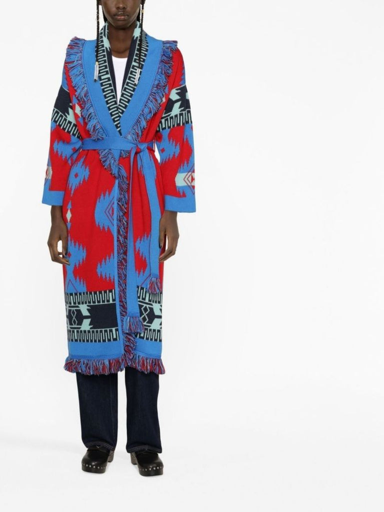 Blue Intarsia Knit Belted Wool Coat