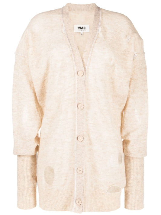 Beige Distressed Knit Cardigan