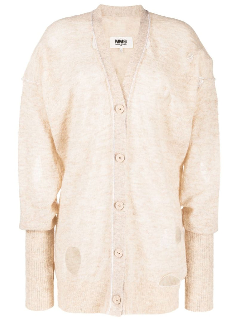 Beige Distressed Knit Cardigan