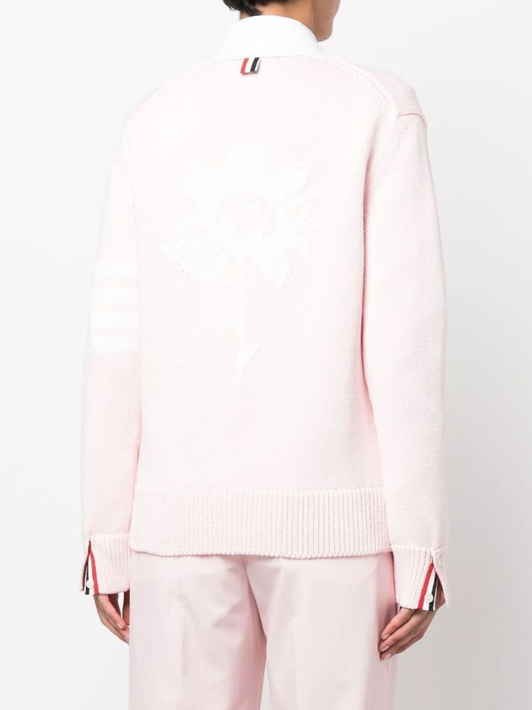 Pink Flower 4-bar Stripe Knit Cardigan