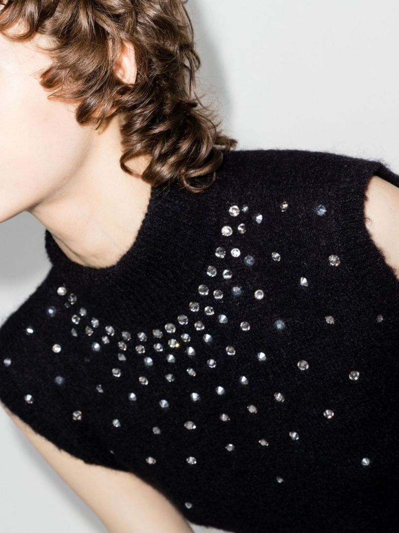 Black Crystal Embellished Knitted Crop Top
