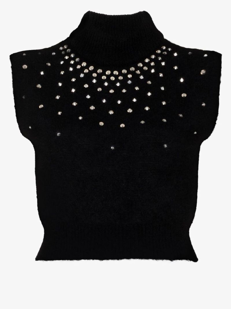Black Crystal Embellished Knitted Crop Top