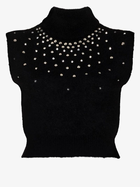Black Crystal Embellished Knitted Crop Top