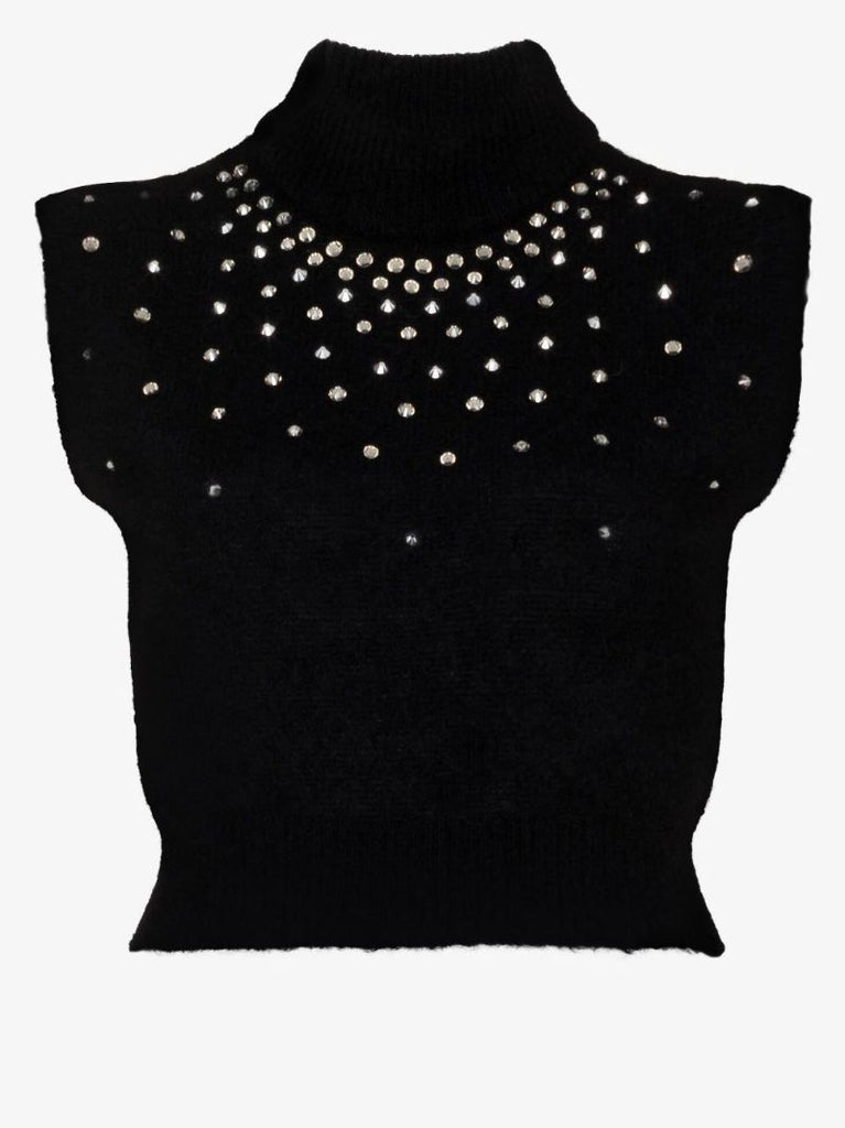 Black Crystal Embellished Knitted Crop Top