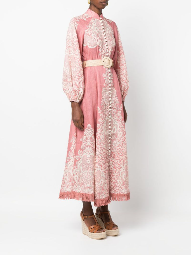 Pink Pattie Fringed Linen Midi Dress