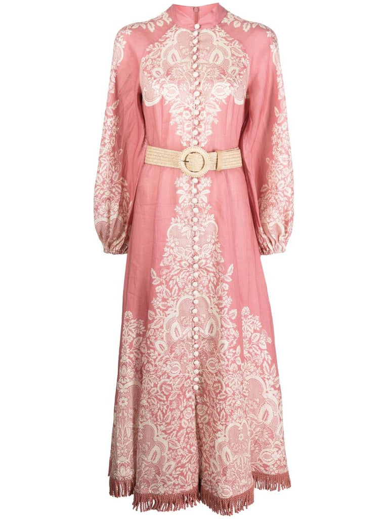 Pink Pattie Fringed Linen Midi Dress