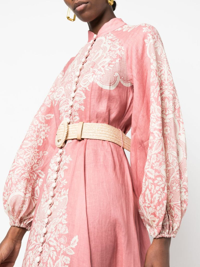 Pink Pattie Fringed Linen Midi Dress