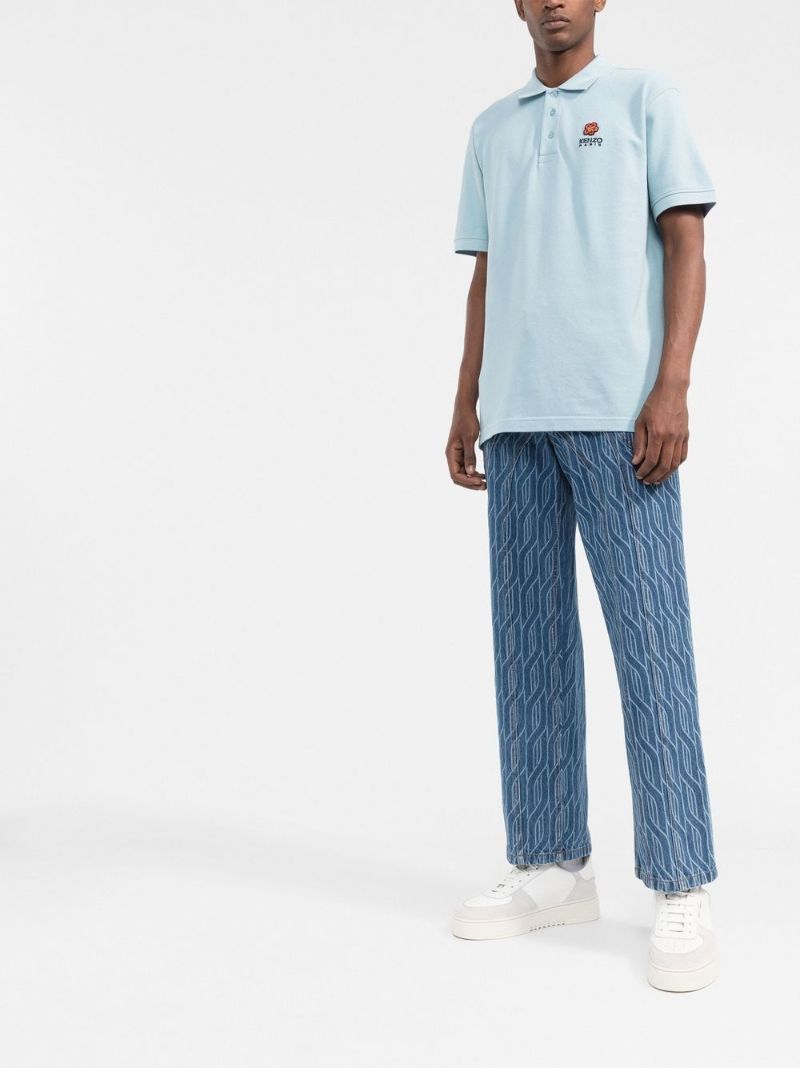 Blue Boke Flower Embroidered Polo Shirt