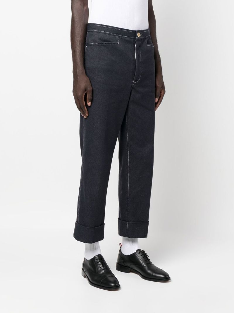Blue Contrast Stitching Straight-leg Trousers