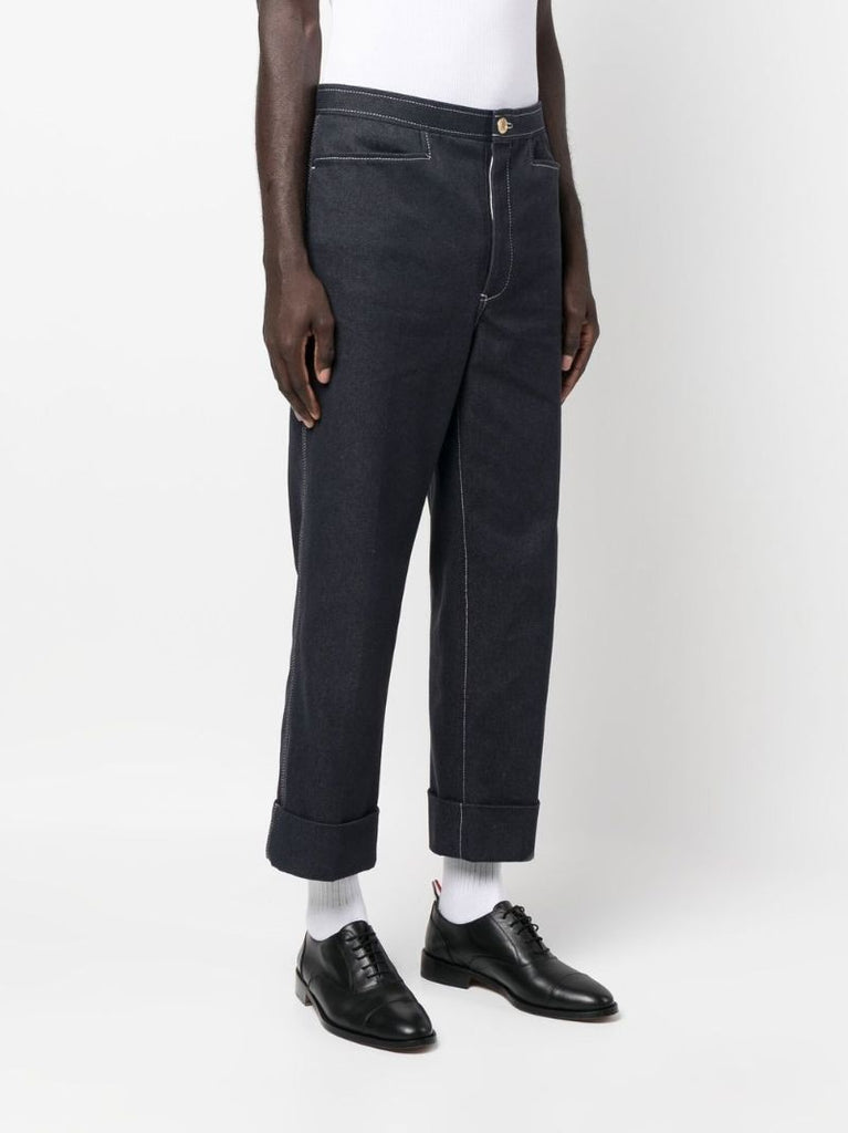 Blue Contrast Stitching Straight-leg Trousers