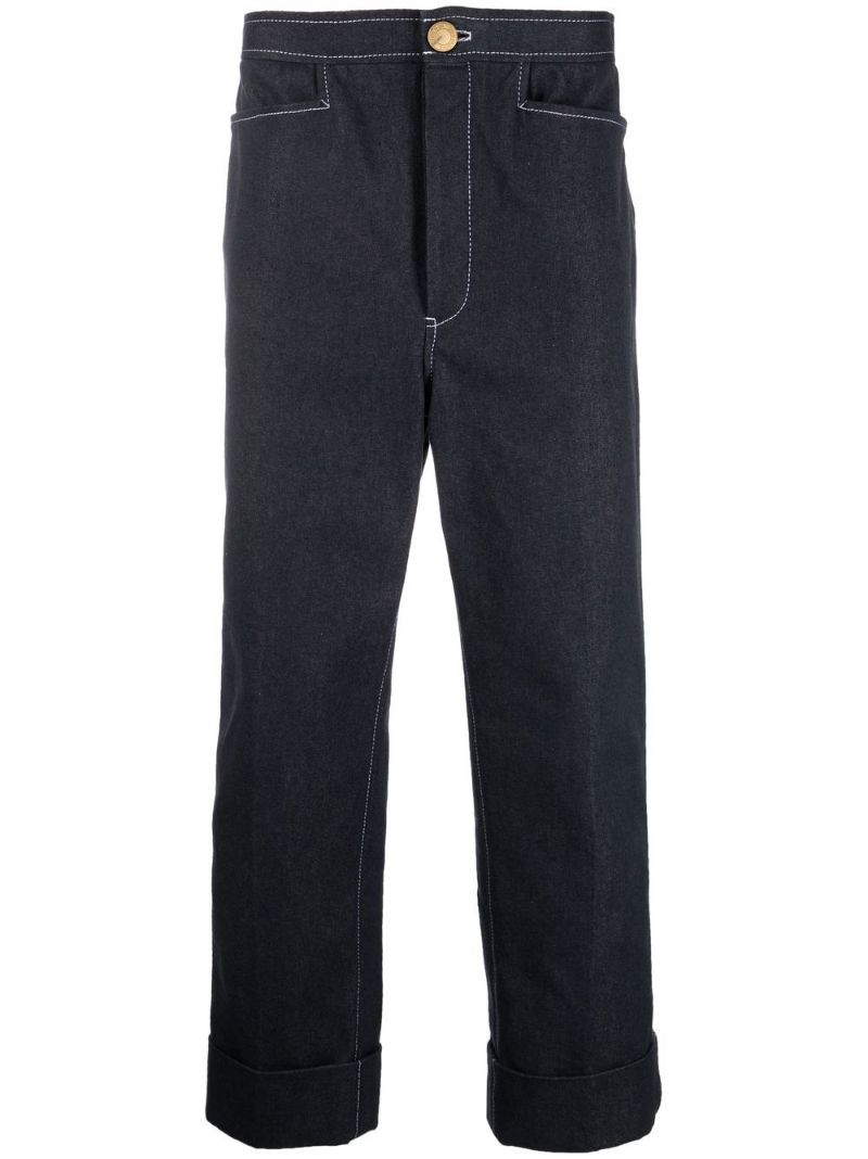 Blue Contrast Stitching Straight-leg Trousers